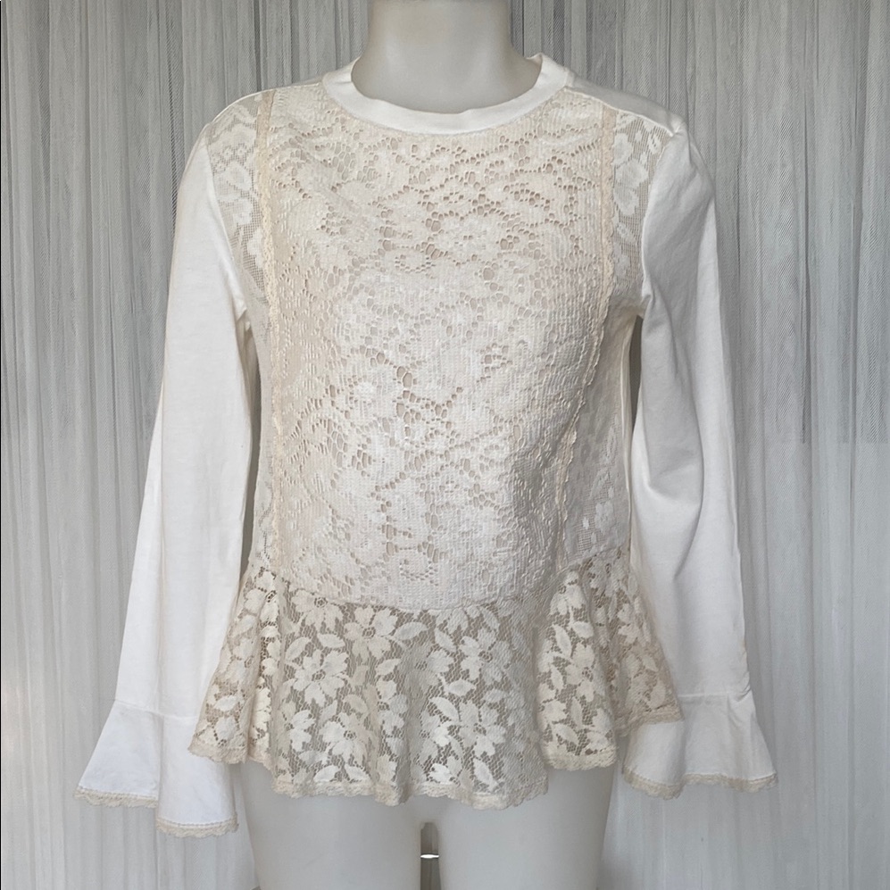 Reduced! See By Chloe Pullover Elegant Lace Trim Cream Peplum Long Sleeves Top!